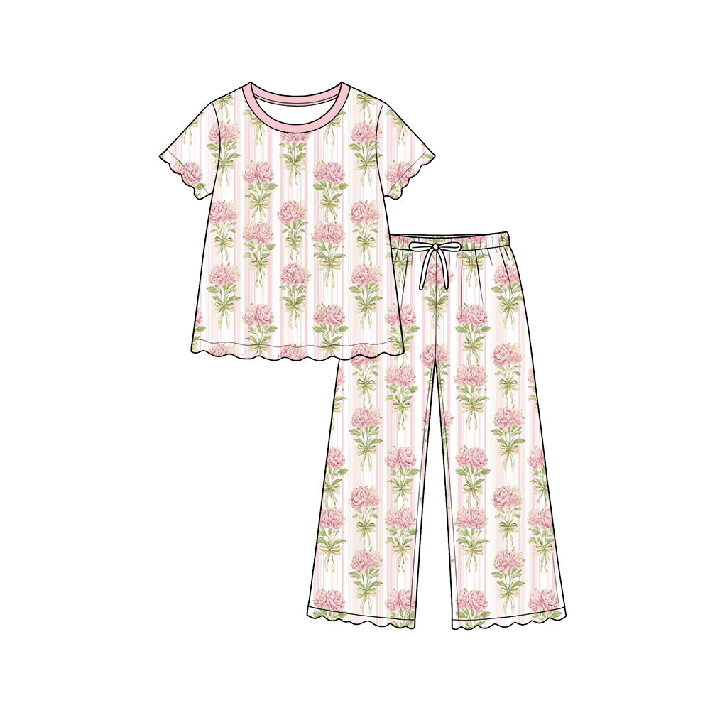 Preorder (moq 5) Baby Girl Clothes Pink Peony Bow Stripe Mixed Print Short Sleeve Pajama Pant Set