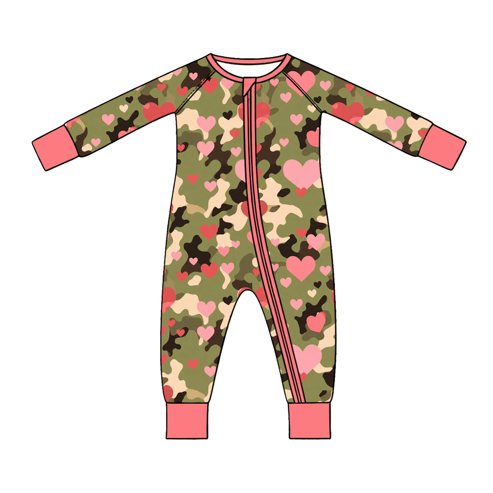 Preorder (moq 5) Baby Girl Clothes Green Camo Pink Heart Mixed Print Long Sleeve Zipper Romper