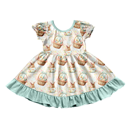 Preorder (moq 5) Baby Girl Clothes Easter Egg Basket Bunny Tea Cup Print Short Sleeve Ruffle Twirl Dress