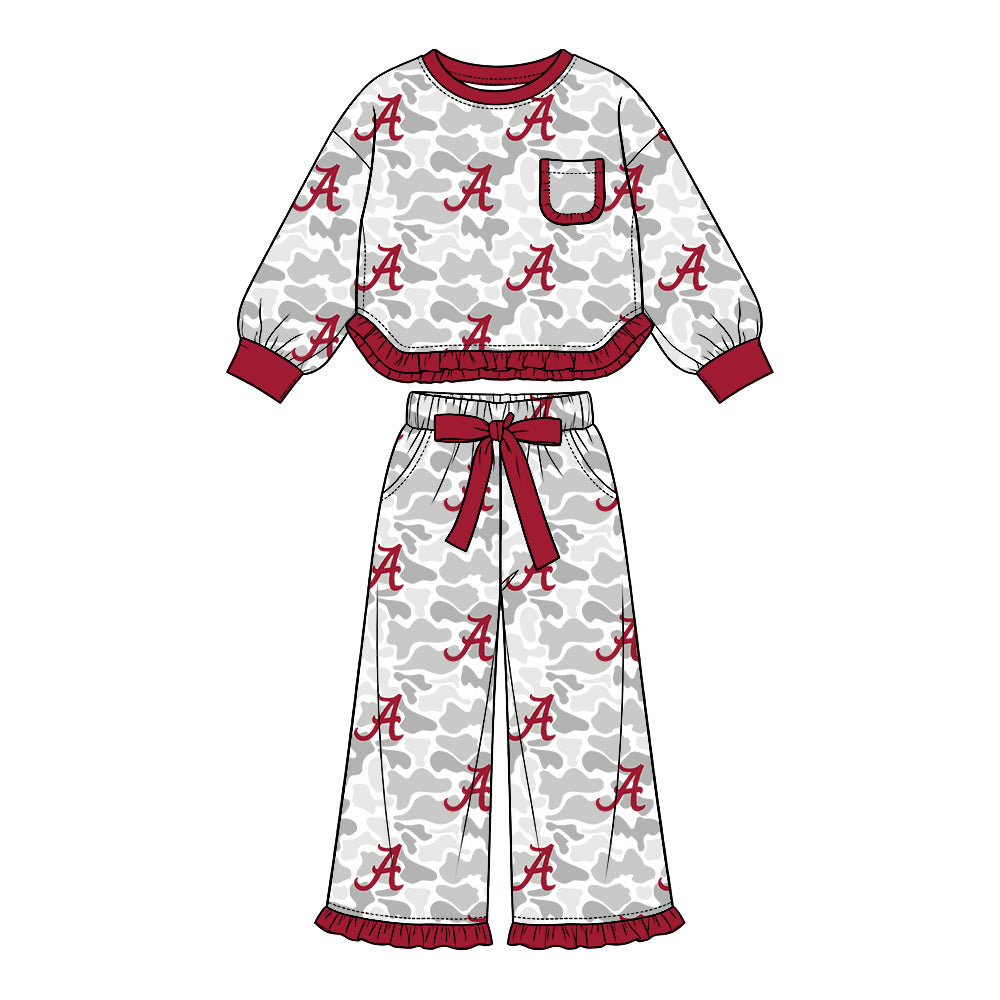 Preorder (moq 5) Alabama Baby Girl Clothes Grey Camo Logo Mixed Print Long Sleeve Ruffle Top Wide Leg Ruffle Pants Outfit Set