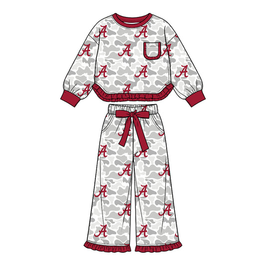 Preorder (moq 5) Alabama Baby Girl Clothes Grey Camo Logo Mixed Print Long Sleeve Ruffle Top Wide Leg Ruffle Pants Outfit Set
