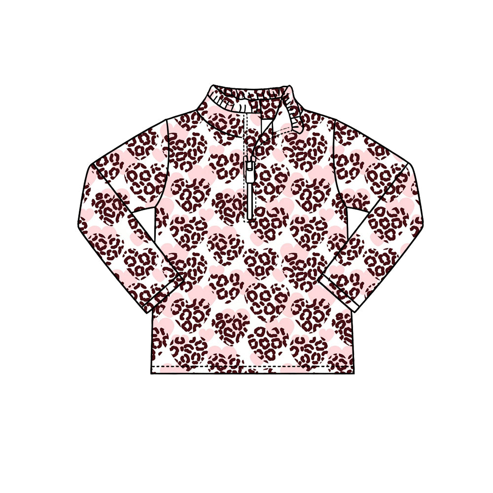 Preorder (moq 5) Baby Girl Clothes Leopard Heart Print Long Sleeve Half Zip Top