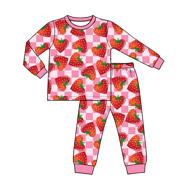 Preorder (moq 5) Baby Girl Clothes Strawberry Pink Checker Mixed Print Long Sleeve Pajama Set