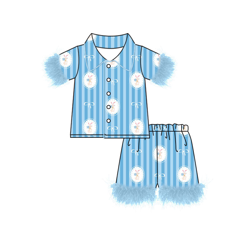 Preorder (moq 5) Baby Girl Clothes Easter Bunny Bow Blue Stripe Print Feather Trim Short Sleeve Pajama Set