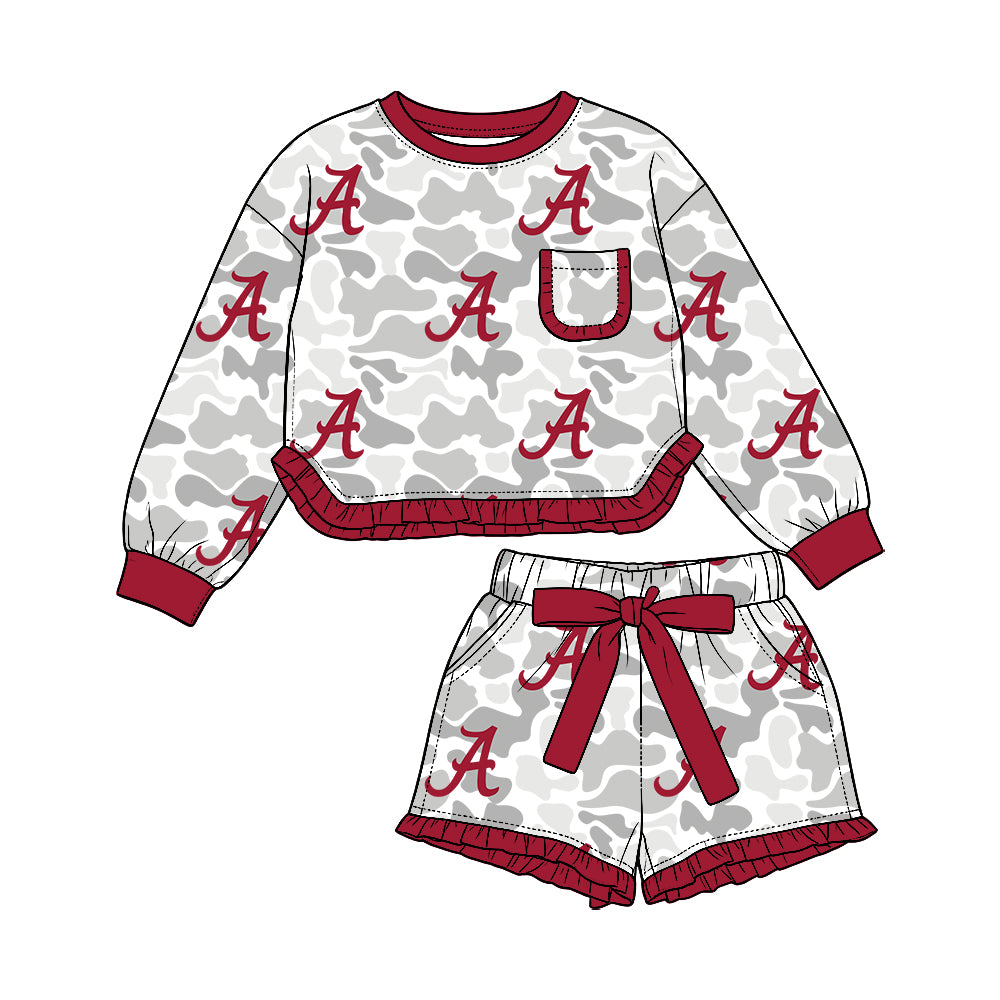 Preorder (moq 5) Alabama Baby Girl Clothes Grey Camo Logo Print Long Sleeve Ruffle Top Ruffle Shorts Outfit Set