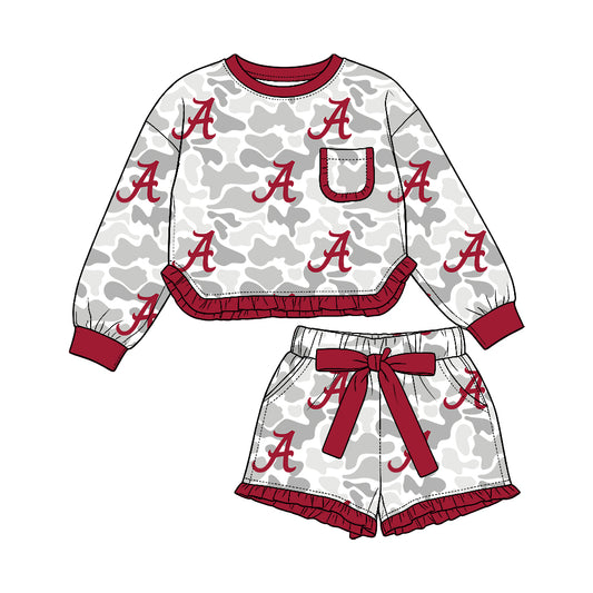 Preorder (moq 5) Alabama Baby Girl Clothes Grey Camo Logo Print Long Sleeve Ruffle Top Ruffle Shorts Outfit Set