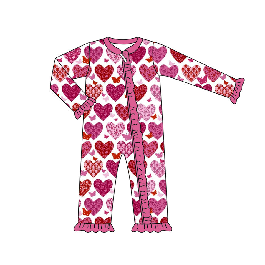 Preorder (moq 5) Baby Girl Clothes Valentine Lace Heart Butterfly Mixed Print Long Sleeve Zipper Ruffle Romper