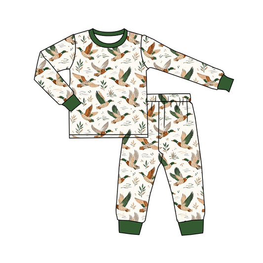 Preorder (moq 5) Baby Boy Clothes Green Flying Mallard Duck Foliage Print Long Sleeve Jogger Pant Set