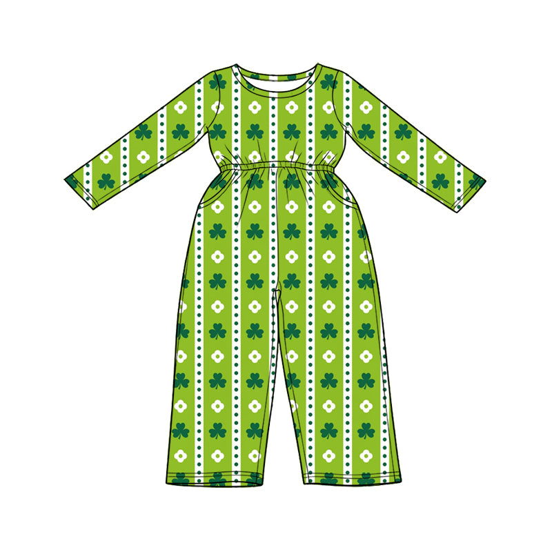 Preorder (moq 5) Baby Girl Clothes St Patricks Day Simple Clover Dot Stripe Print Long Sleeve Waist Jumpsuit