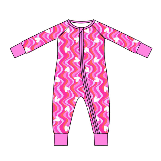 Preorder (moq 5) Baby Clothes Wavy Pink White Heart Print Long Sleeve Zipper Romper