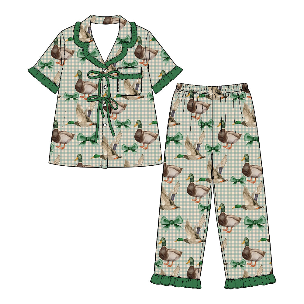 Preorder (moq 5) Baby Girl Clothes Mallard Duck Green Bow Gingham Print Short Sleeve Ruffle Pajama Set
