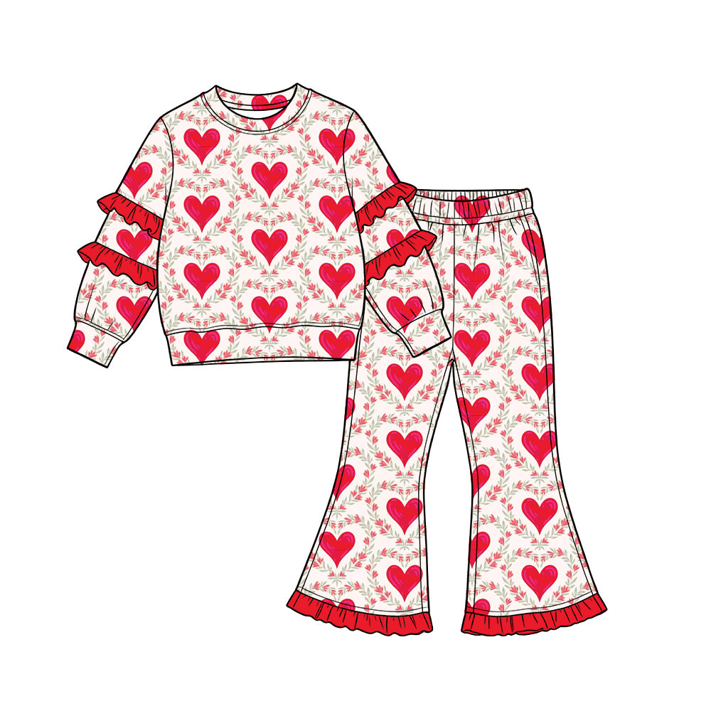 Preorder (moq 5) Baby Girl Clothes Red Heart Botanical Wreath Allover Print Long Sleeve Ruffle Sleeve Flare Pant Set