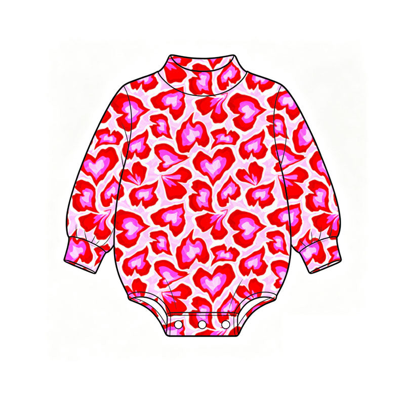 Preorder (moq 5) Baby Girl Clothes Valentine Red Pink Abstract Heart Print Long Sleeve Bubble Romper