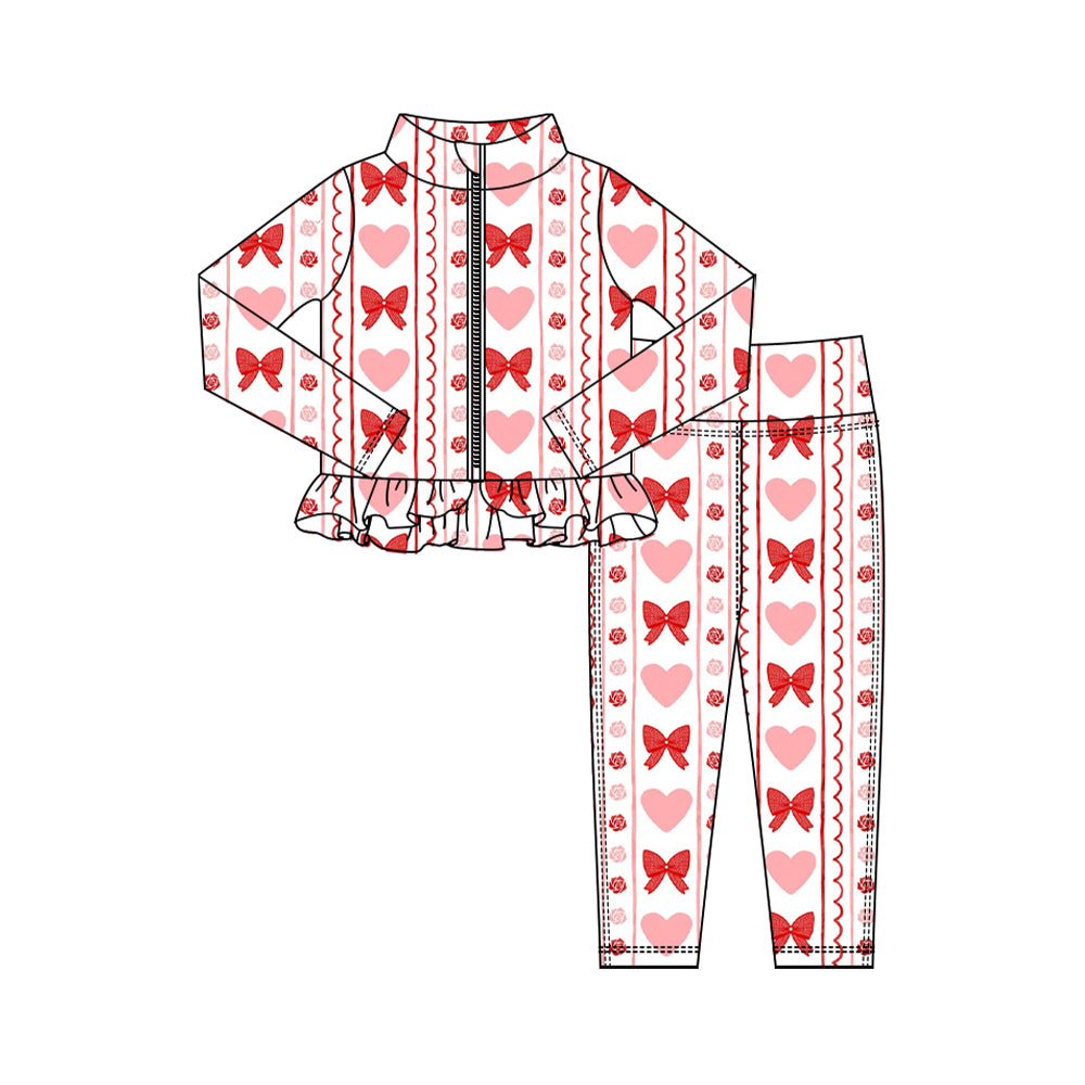 Preorder (moq 5) Baby Girl Clothes Valentine Stripe Bow Heart Print Long Sleeve Zipper Ruffle Rash Guard Set