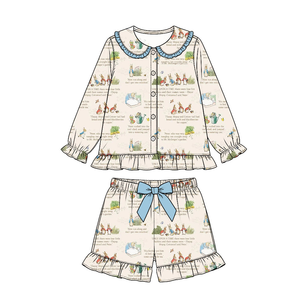 Preorder (moq 5) Baby Girl Clothes Storybook Bunny Text Mixed Print Long Sleeve Ruffle Collar Short Pajama Set