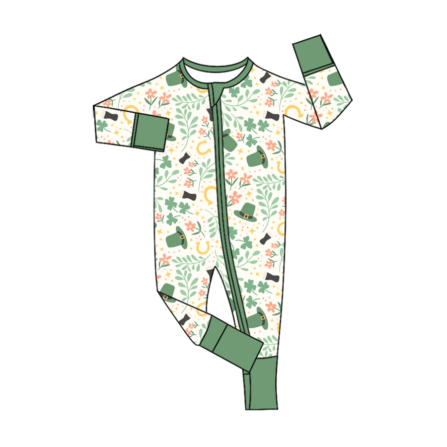 Preorder (moq 5) Baby Girl Clothes St Patrick Shamrock Floral Print Long Sleeve Zipper Romper Jumpsuit