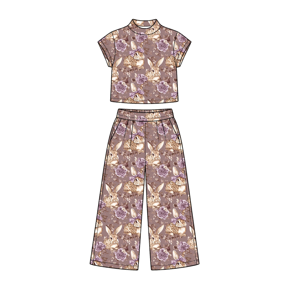 Preorder (moq 5) Baby Girl Clothes Easter Dusty Purple Floral Leopard Bunny Print Short Sleeve Wide Leg Pant Set