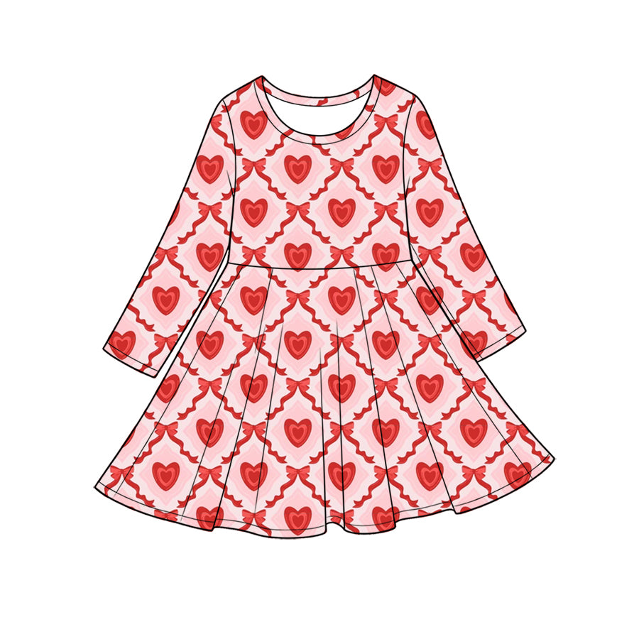 Preorder (moq 5) Baby Girl Clothes Diamond Heart Bow Allover Print Long Sleeve Twirl Dress