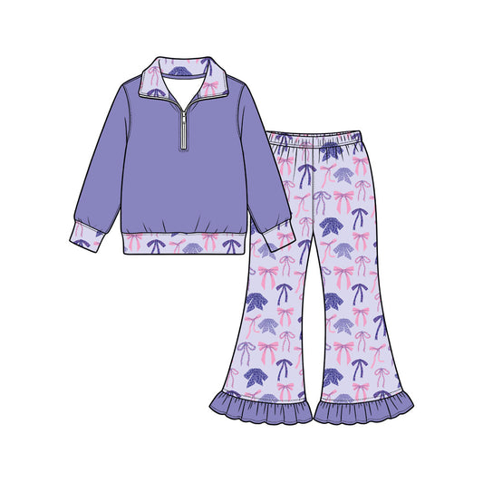 Preorder (moq 5) Baby Girl Clothes Purple Pink Leopard Bow Print Long Sleeve Half Zip Top Ruffle Flare Pant Set