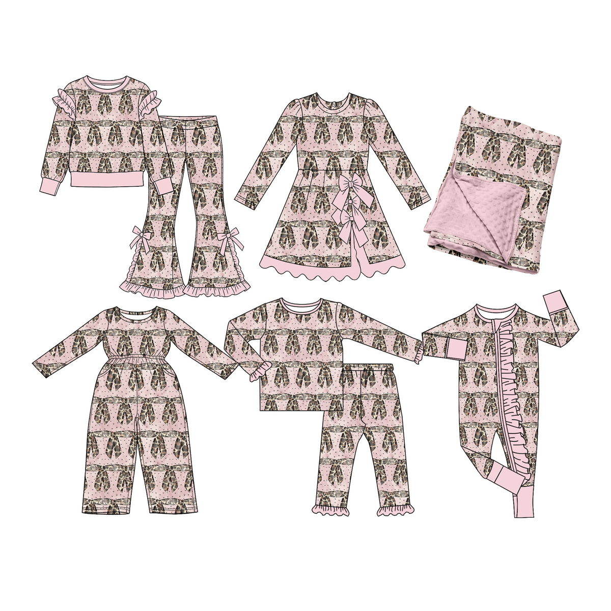 Preorder (moq 5) Baby Girl Clothes Leopard Bow Allover Print Long Sleeve Ruffle Pajama Set