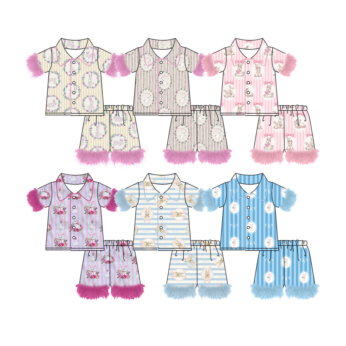 Preorder (moq 5) Baby Girl Clothes Easter Bunny Floral Wreath Stripe Print Feather Trim Short Sleeve Pajama Set