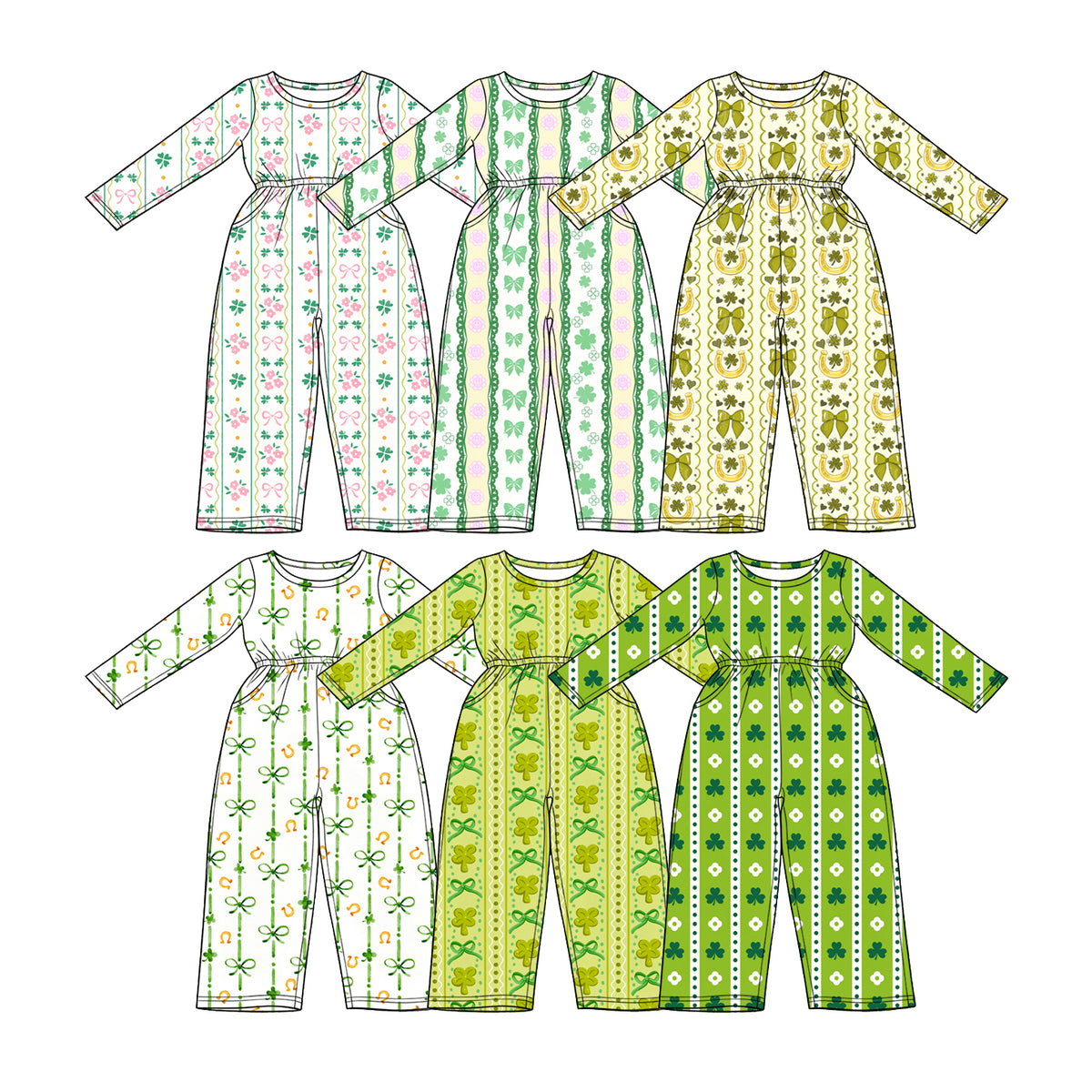Preorder (moq 5) Baby Girl Clothes St Patricks Day Simple Clover Dot Stripe Print Long Sleeve Waist Jumpsuit