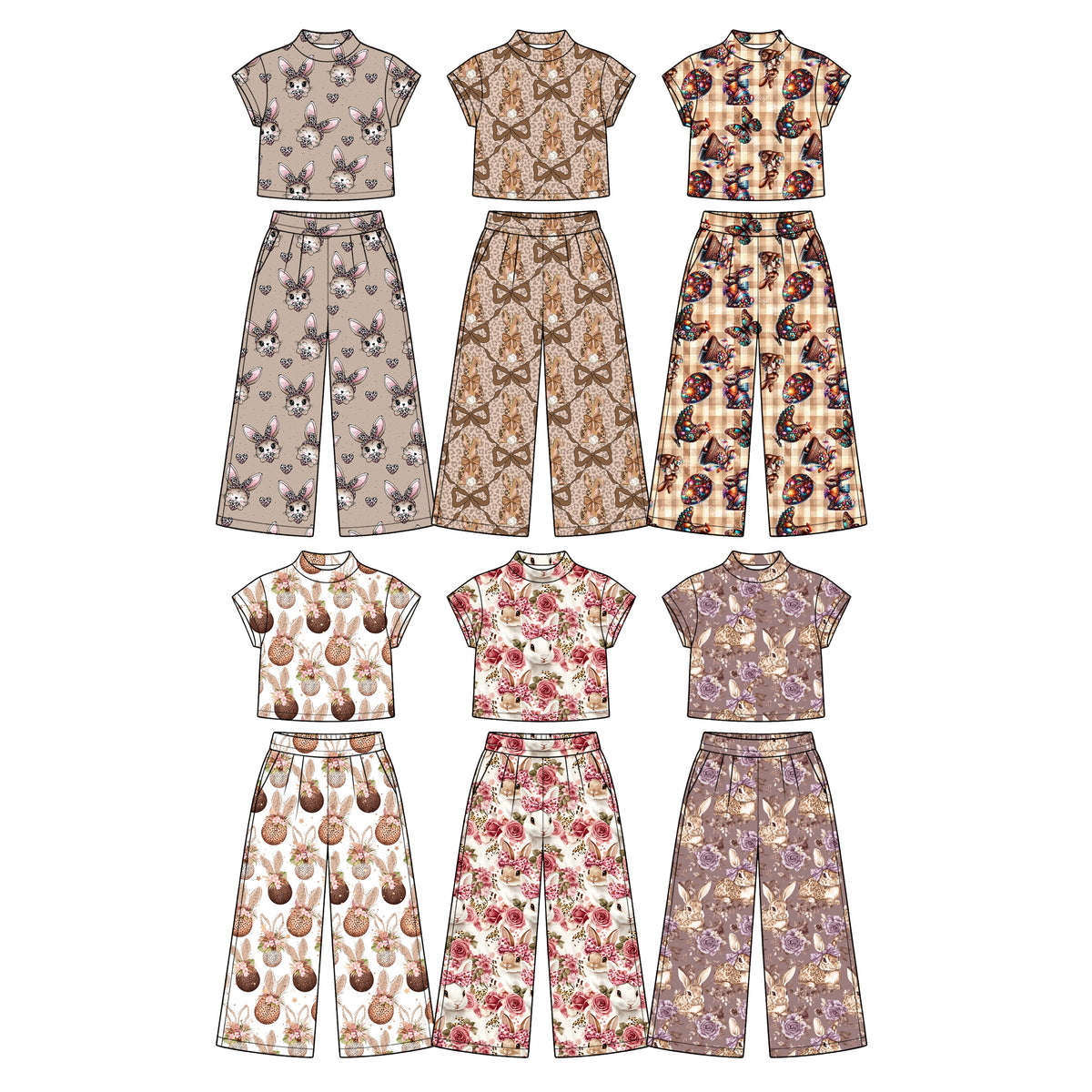 Preorder (moq 5) Baby Girl Clothes Easter Gingham Colorful Egg Butterfly Bunny Print Short Sleeve Wide Leg Pant Set