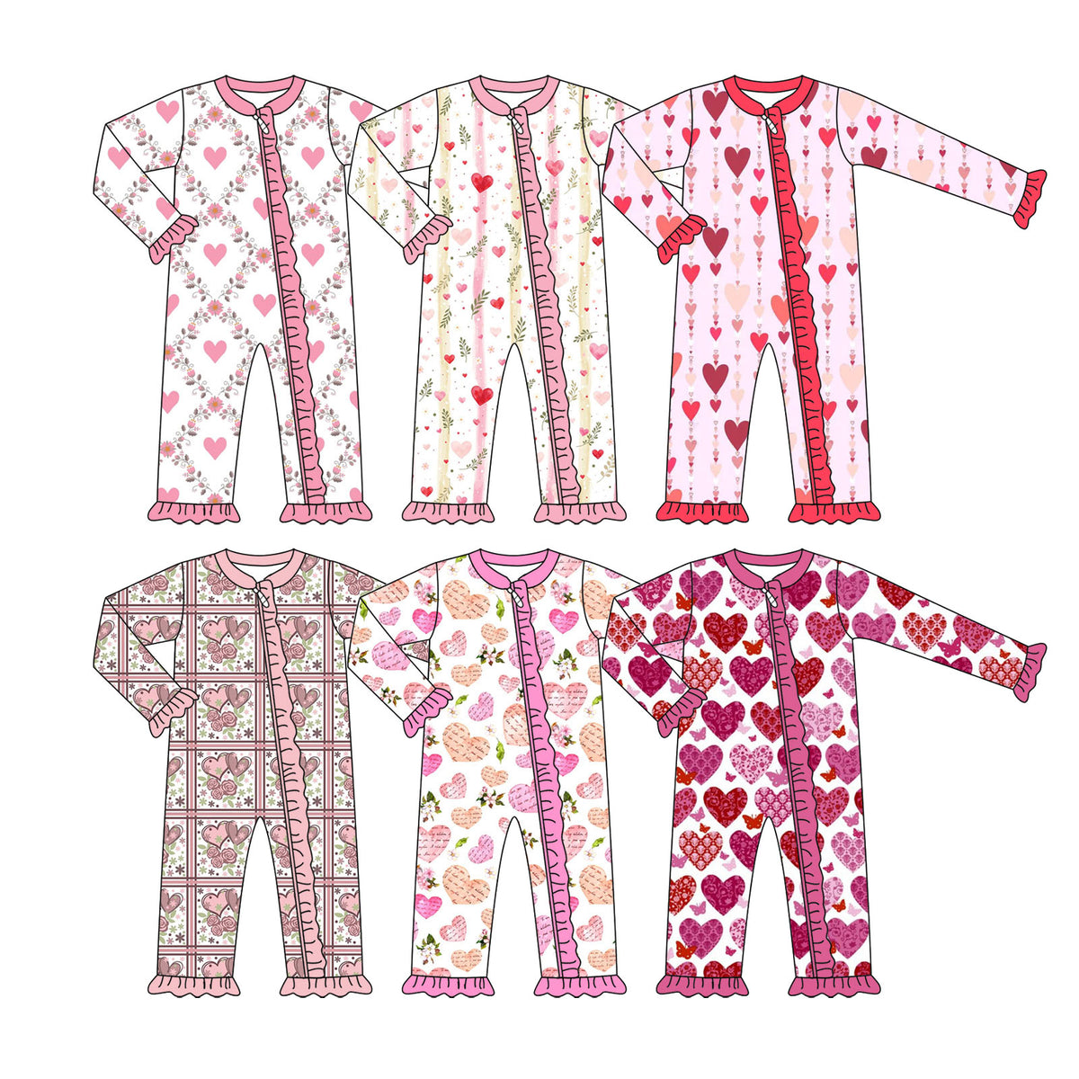 Preorder (moq 5) Baby Girl Clothes Valentine Lace Heart Butterfly Mixed Print Long Sleeve Zipper Ruffle Romper