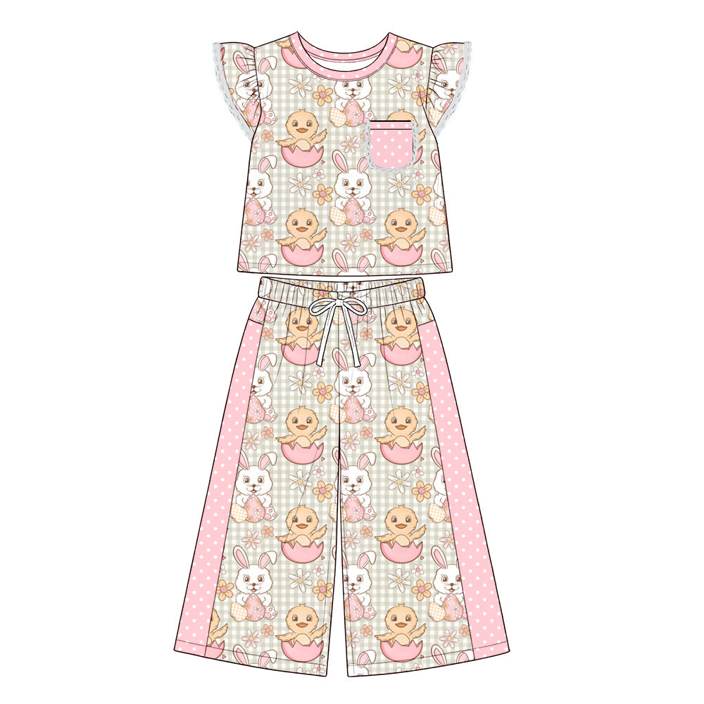 Preorder (moq 5) Baby Girl Clothes Easter Bunny Chick Gingham Print Short Flutter Sleeve Top Wide Leg Pants Outfit Set