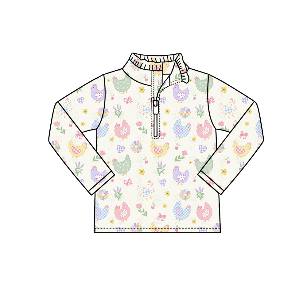 Preorder (moq 5) Baby Girl Clothes Easter Chicken Floral Print Long Sleeve Half Zip Top