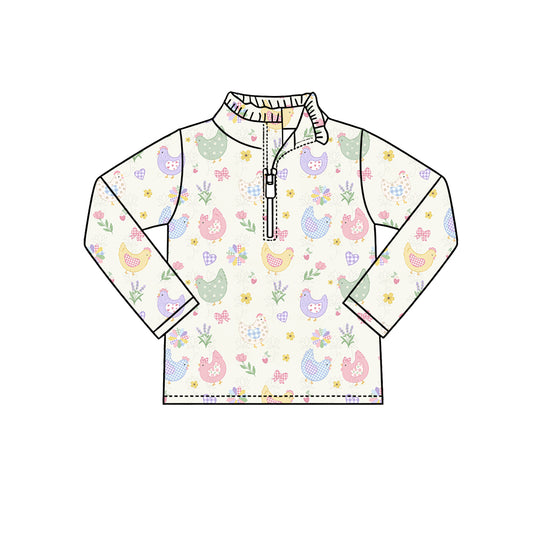 Preorder (moq 5) Baby Girl Clothes Easter Chicken Floral Print Long Sleeve Half Zip Top