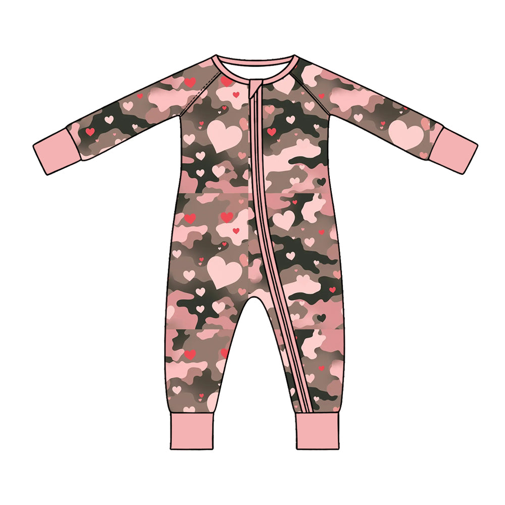 Preorder (moq 5) Baby Girl Clothes Brown Camo Pink Heart Mixed Print Long Sleeve Zipper Romper