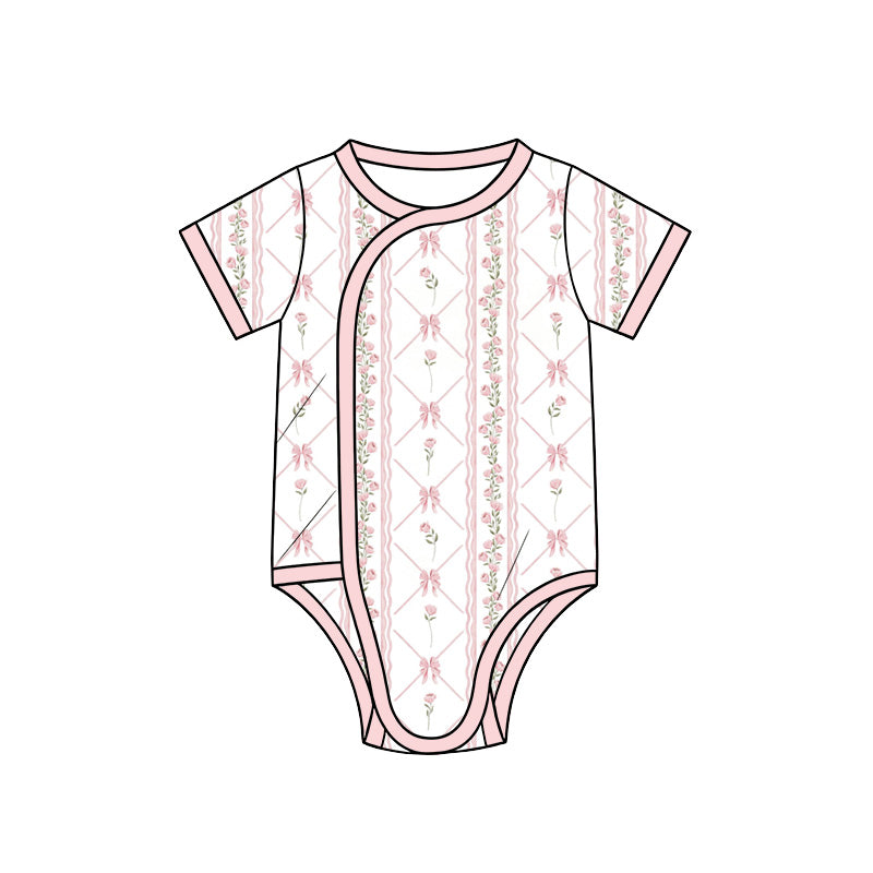 Preorder (moq 5) Baby Girl Clothes Pink Bow Floral Lattice Mixed Print Short Sleeve Side Snap Bodysuit