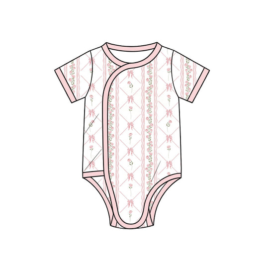 Preorder (moq 5) Baby Girl Clothes Pink Bow Floral Lattice Mixed Print Short Sleeve Side Snap Bodysuit