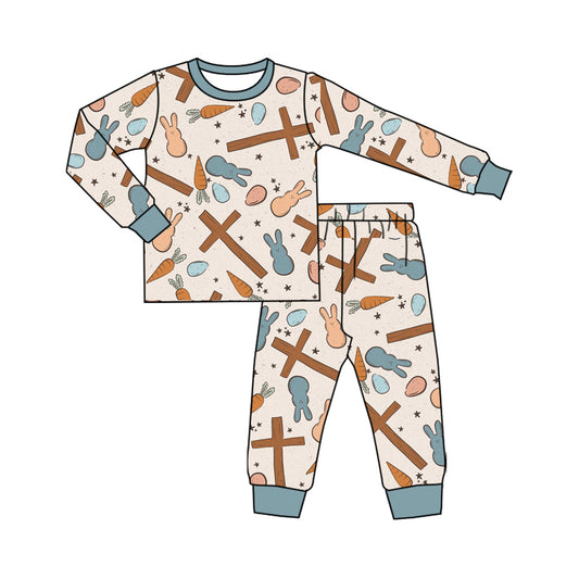 Preorder (moq 5) Baby Boy Clothes Easter Cross Bunny Carrot Egg Print Long Sleeve Pajama Set
