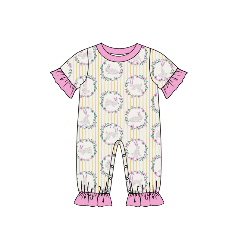 Preorder (moq 5) Baby Girl Clothes Easter Bunny Floral Wreath Stripe Print Short Sleeve Ruffle Romper