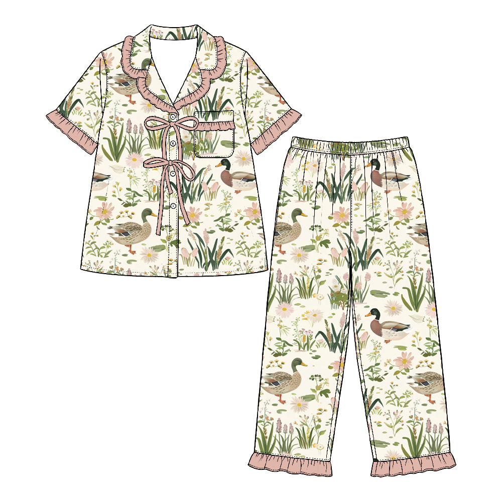Preorder (moq 5) Baby Girl Clothes Mallard Duck Wildflower Print Short Sleeve Ruffle Pajama Set