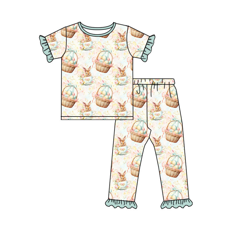 Preorder (moq 5) Baby Girl Clothes Easter Egg Basket Bunny Tea Cup Print Short Sleeve Ruffle Tee Ruffle Pant Set