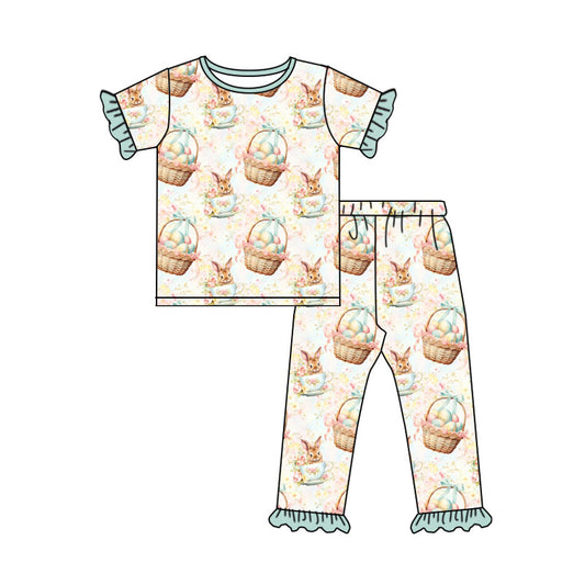 Preorder (moq 5) Baby Girl Clothes Easter Egg Basket Bunny Tea Cup Print Short Sleeve Ruffle Tee Ruffle Pant Set