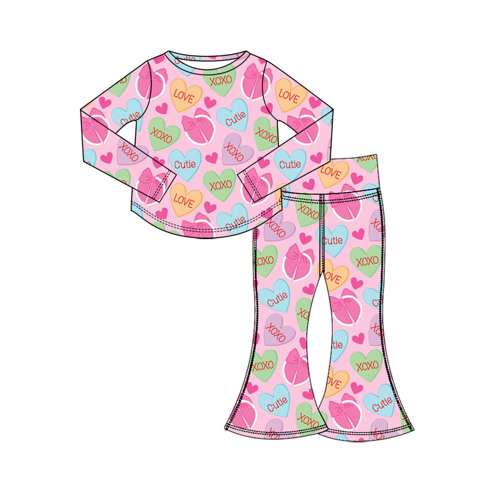 Preorder (moq 5) Baby Girl Clothes Valentines Candy Heart XOXO Print Long Sleeve Flare Pant Set