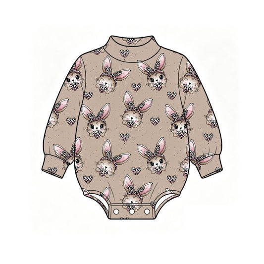 Preorder (moq 5) Baby Girl Clothes Easter Leopard Bunny Heart Print Long Sleeve Baby Romper