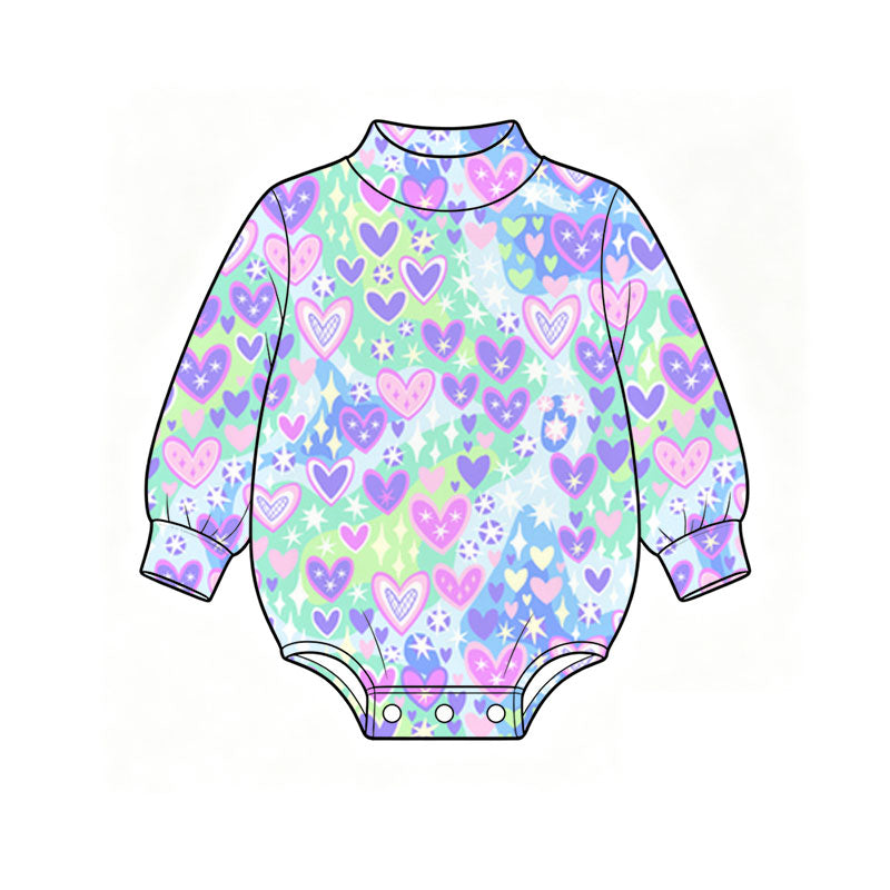 Preorder (moq 5) Baby Girl Clothes Valentine Pastel Star Heart Print Long Sleeve Bubble Romper