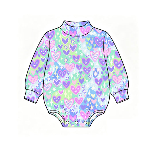 Preorder (moq 5) Baby Girl Clothes Valentine Pastel Star Heart Print Long Sleeve Bubble Romper