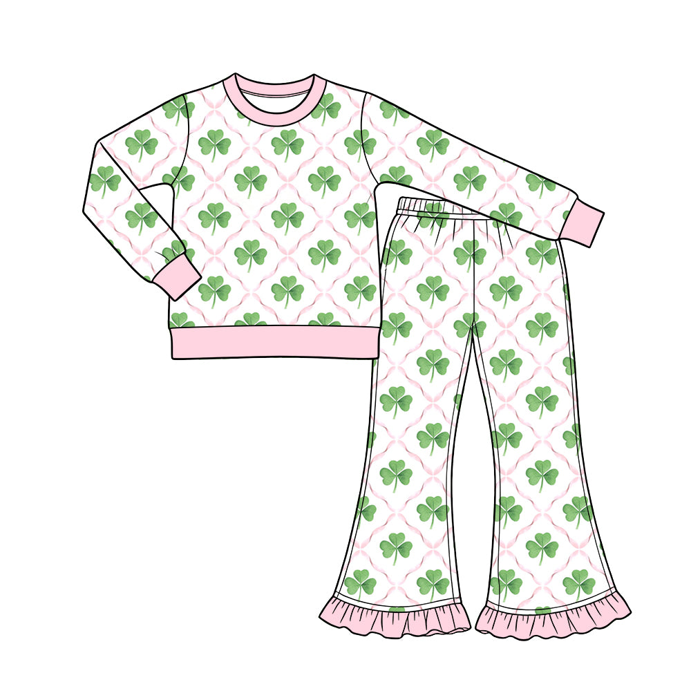 Preorder (moq 5) Baby Girl Clothes Pink Lattice Clover Allover Print Long Sleeve Ruffle Flare Pant Set