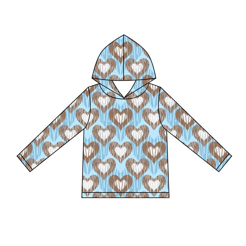 Preorder (moq 5) Baby Boy Clothes Blue Brown Heart Wood Grain Allover Print Long Sleeve Hooded Top