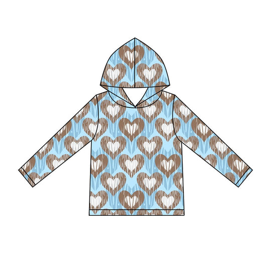 Preorder (moq 5) Baby Boy Clothes Blue Brown Heart Wood Grain Allover Print Long Sleeve Hooded Top