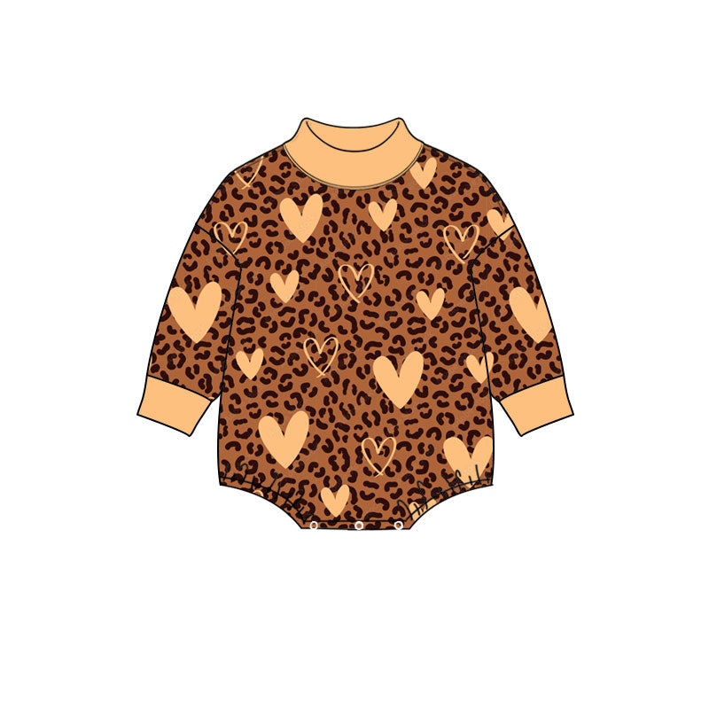 Preorder (moq 5) Baby Girl Clothes Valentine Brown Leopard Beige Heart Allover Print Long Sleeve Turtleneck Bodysuit
