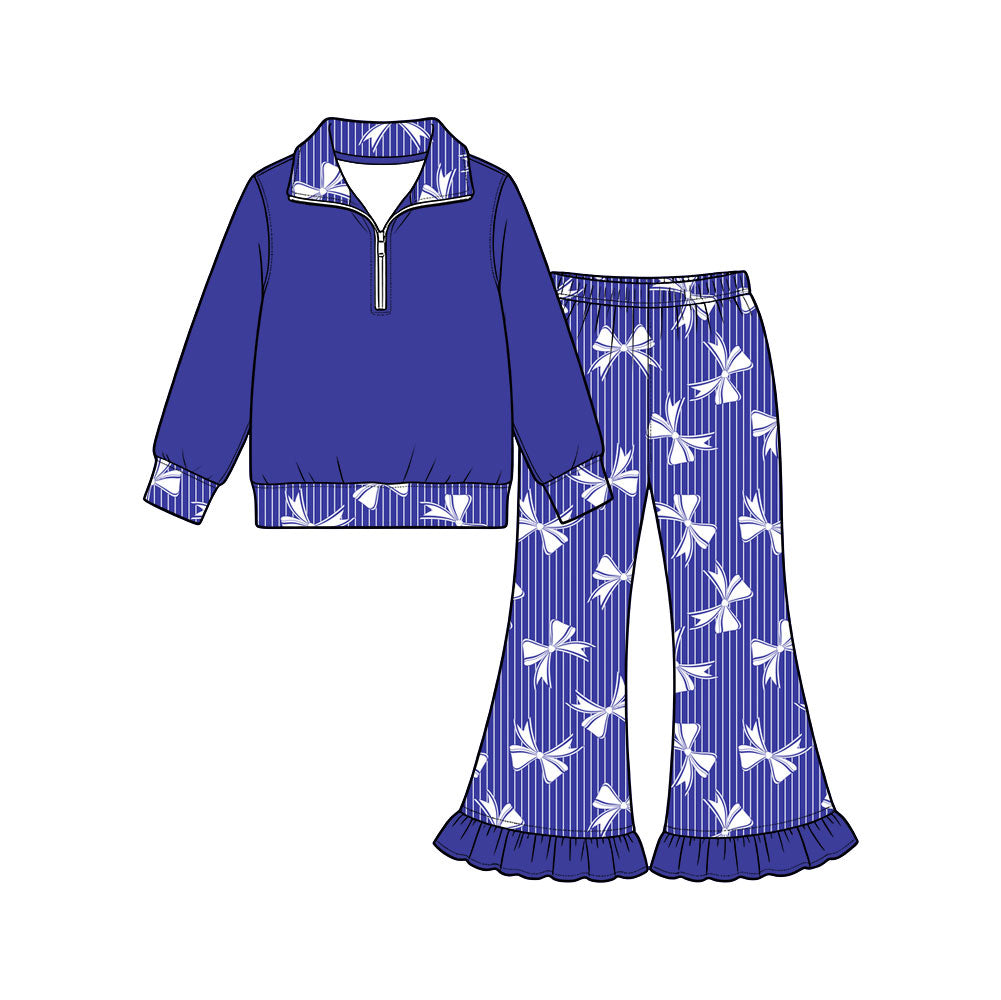 Preorder (moq 5) Baby Girl Clothes Blue Striped White Bow Print Long Sleeve Half Zip Top Ruffle Flare Pant Set