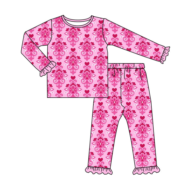Preorder (moq 5) Baby Girl Clothes Damask Heart Allover Print Long Sleeve Ruffle Cuff Pajama Set