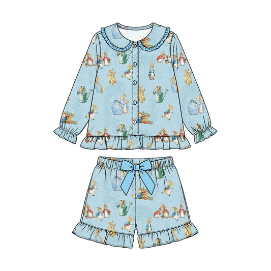 Preorder (moq 5) Baby Girl Clothes Blue Garden Bunny Watering Can Print Long Sleeve Ruffle Collar Short Pajama Set